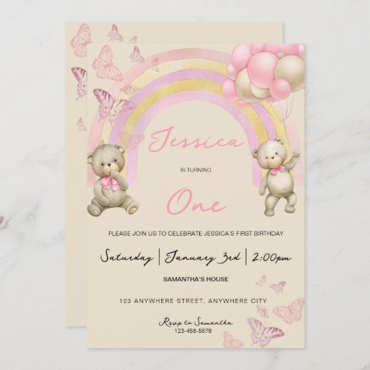 Invitation à la fête d'anniversaire de l'ours en p (Devant / Derrière)