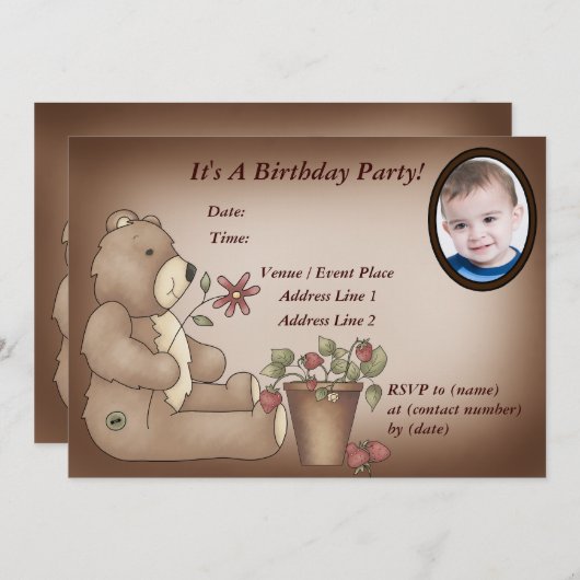 Invitation à la fête d'anniversaire de l'ours en p (Devant / Derrière)