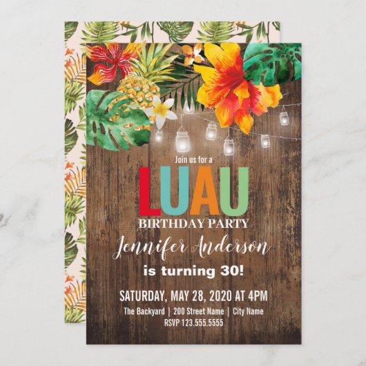 Invitation à la fête d'anniversaire de Luau (Devant / Derrière)