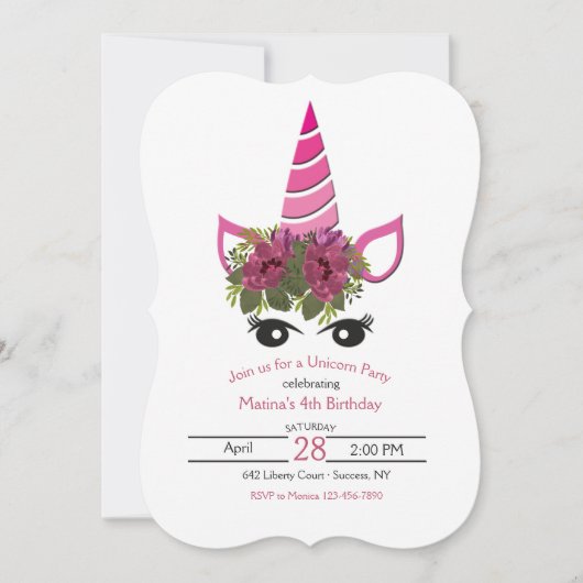 Invitation à la fête d'anniversaire de l'Unicorne (Devant)