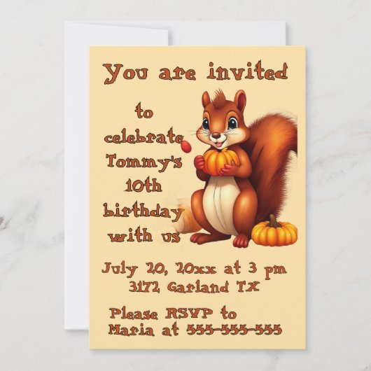 Invitation à la fête d'anniversaire de M. Squirrel (Devant)