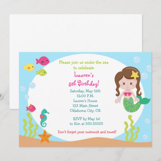 Invitation à la fête d'anniversaire de Mermaid (Devant / Derrière)