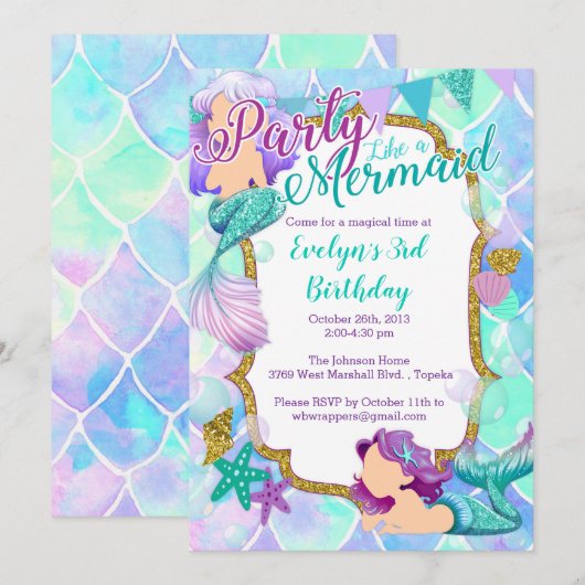 Invitation à la fête d'anniversaire de Mermaid - G (Devant / Derrière)