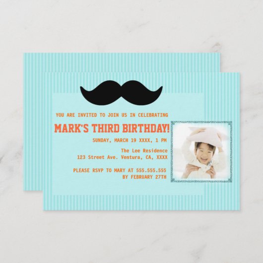 Invitation à la fête d'anniversaire de Mustache (Devant / Derrière)