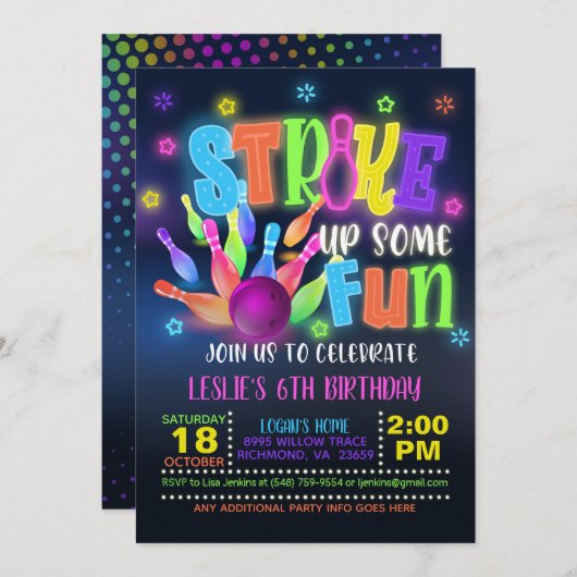 Invitation à la fête d'anniversaire de Neon Bowlin (Devant / Derrière)