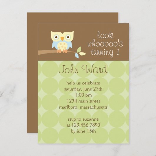 Invitation à la fête d'anniversaire de Owl (Devant / Derrière)