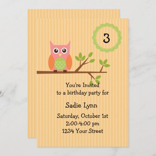 Invitation à la fête d'anniversaire de Owl (#INV00 (Devant / Derrière)