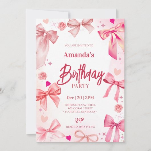 Invitation à la fête d'anniversaire de Pink Bow (Devant)