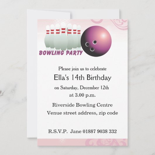 Invitation à la fête d'anniversaire de Pink Bowlin (Devant)