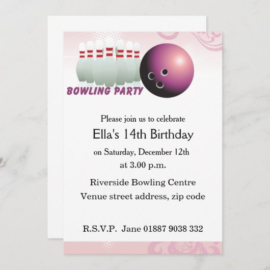 Invitation à la fête d'anniversaire de Pink Bowlin (Devant / Derrière)