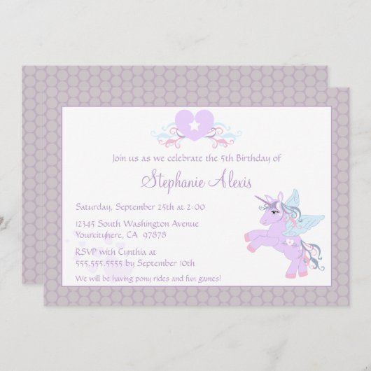 Invitation à la fête d'anniversaire de poney mauve (Devant / Derrière)