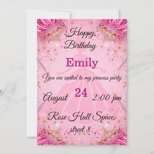 Invitation à la fête d'anniversaire de princesse | (Devant)