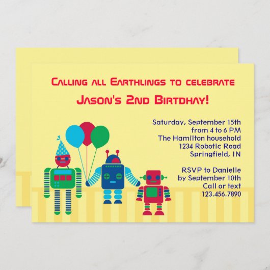 Invitation à la fête d'anniversaire de Robots (Devant / Derrière)