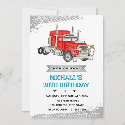 Invitation à la fête d'anniversaire de semi-camion (Devant)