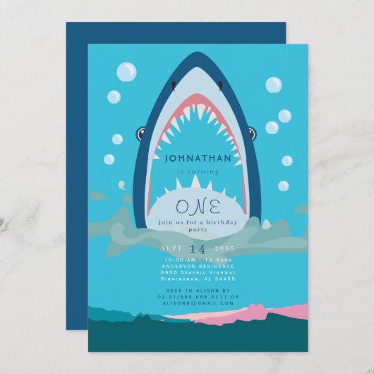 Invitation à la fête d'anniversaire de Shark Bite (Devant / Derrière)