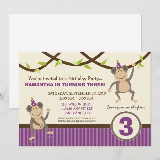 Invitation à la fête d'anniversaire de Silly Monke (Devant / Derrière)