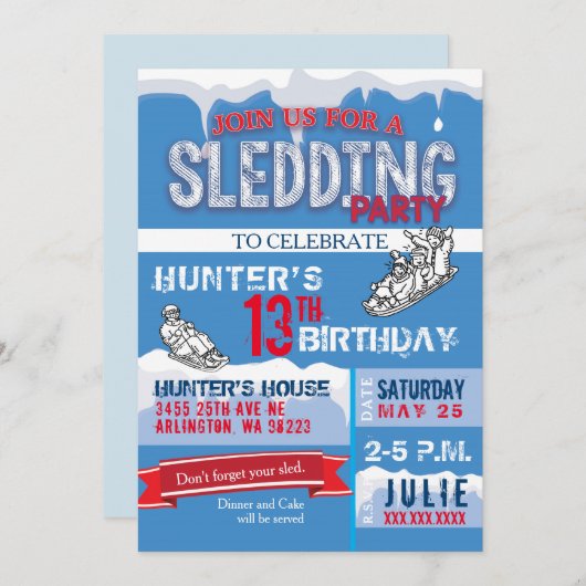 Invitation à la fête d'anniversaire de Sledding (Devant / Derrière)