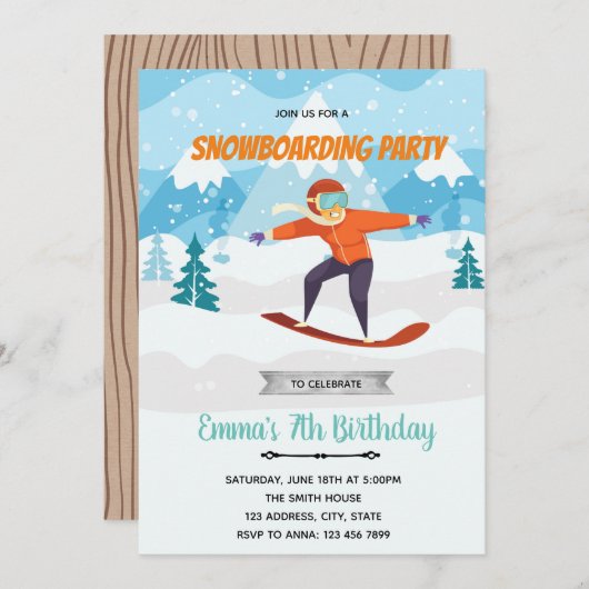 Invitation à la fête d'anniversaire de Snowboard (Devant / Derrière)