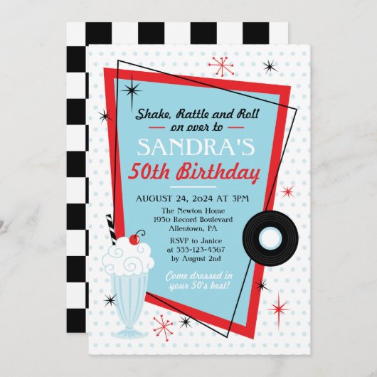 Invitation à la fête d'anniversaire de Sock Hop 19 (Devant / Derrière)