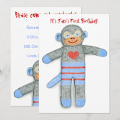 Invitation à la fête d'anniversaire de Sock Monkey (Devant / Derrière)