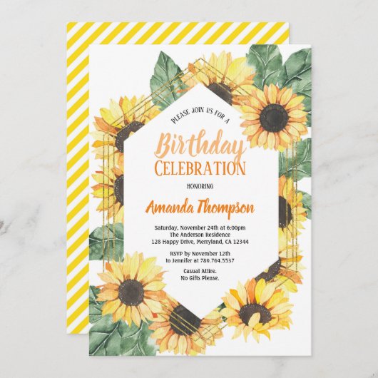 Invitation à la fête d'anniversaire de Sunflower (Devant / Derrière)