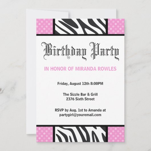 Invitation à la fête d'anniversaire de Zebra, dans (Devant)
