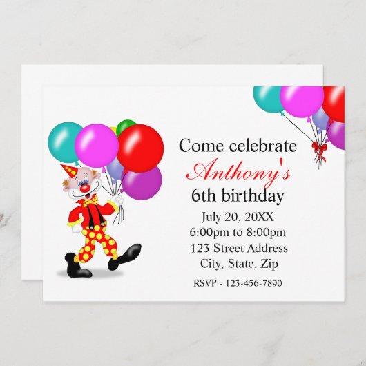 Invitation à la fête d'anniversaire des clowns (Devant / Derrière)