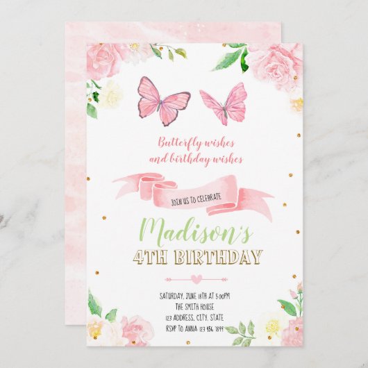 Invitation à la fête d'anniversaire des papillons (Devant / Derrière)