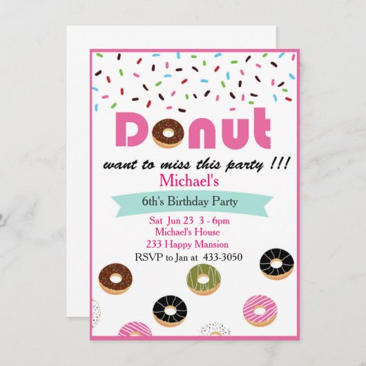 Invitation à la fête d'anniversaire Donut (Devant / Derrière)