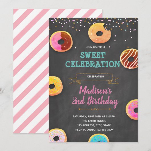Invitation à la fête d'anniversaire Donuts (Devant / Derrière)