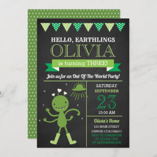 Invitation à la fête d'anniversaire du Alien vert 