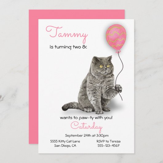Invitation à la fête d'anniversaire du chat (Devant / Derrière)