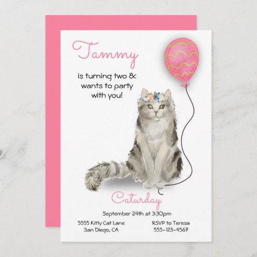 Invitation à la fête d'anniversaire du chat (Devant / Derrière)
