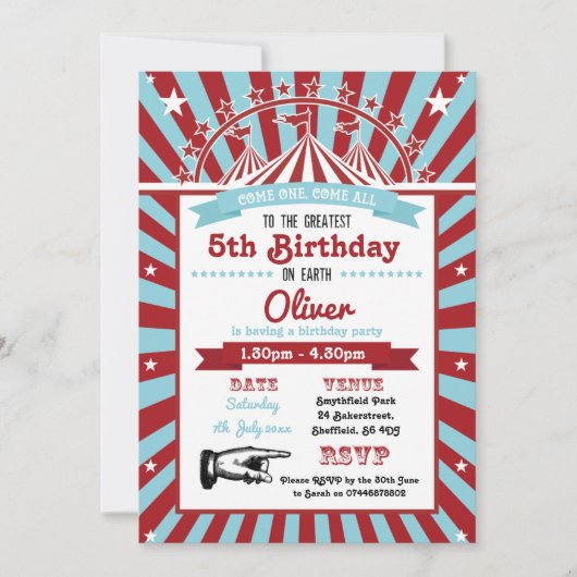Invitation à la fête d'anniversaire du cirque (Devant)