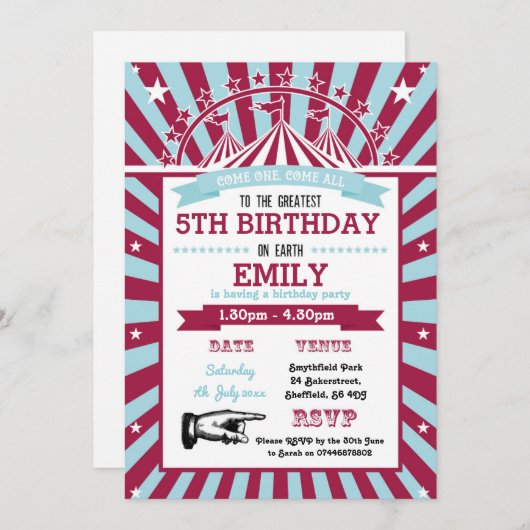 Invitation à la fête d'anniversaire du cirque (Devant / Derrière)