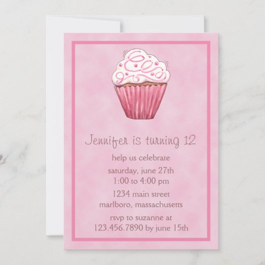 Invitation à la fête d'anniversaire du Cupcake suc (Devant)