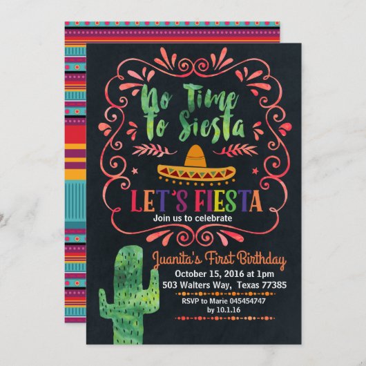 Invitation à la fête d'anniversaire du Fiesta mexi (Devant / Derrière)