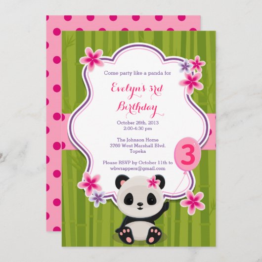 Invitation à la fête d'anniversaire du Panda - ros (Devant / Derrière)