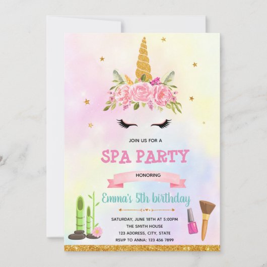Invitation à la fête d'anniversaire du spa Unicorn (Devant)