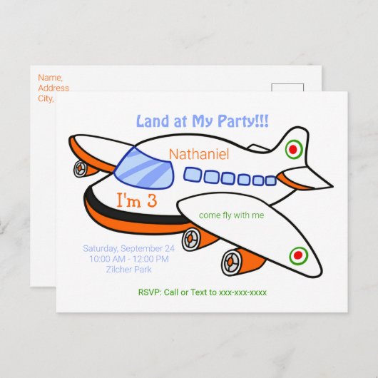 Invitation à la fête d'anniversaire d'un avion pou (Devant / Derrière)