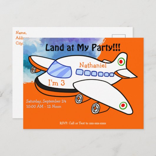 Invitation à la fête d'anniversaire d'un avion pou (Devant / Derrière)
