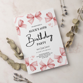 Invitation à la fête d'anniversaire Girl Bow rose