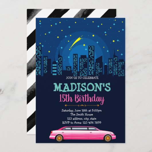 Invitation à la fête d'anniversaire Limousine (Devant / Derrière)