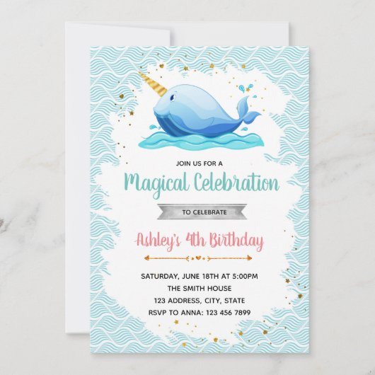 Invitation à la fête d'anniversaire Narwhal (Devant)