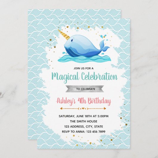 Invitation à la fête d'anniversaire Narwhal (Devant / Derrière)