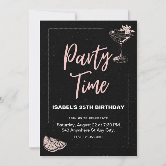 Invitation à la fête d'anniversaire noire et rose (Devant)