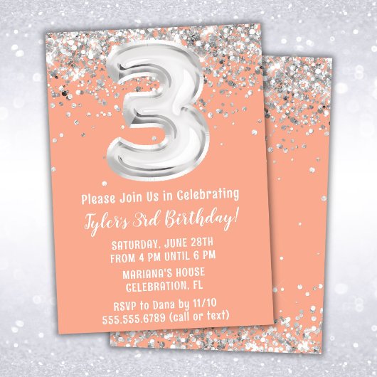 Invitation à la fête d'anniversaire Peach Silver 3