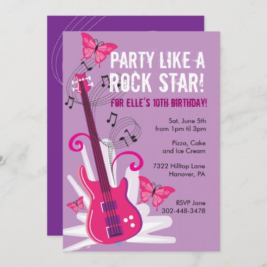 Invitation à la fête d'anniversaire Pop Star (Devant / Derrière)