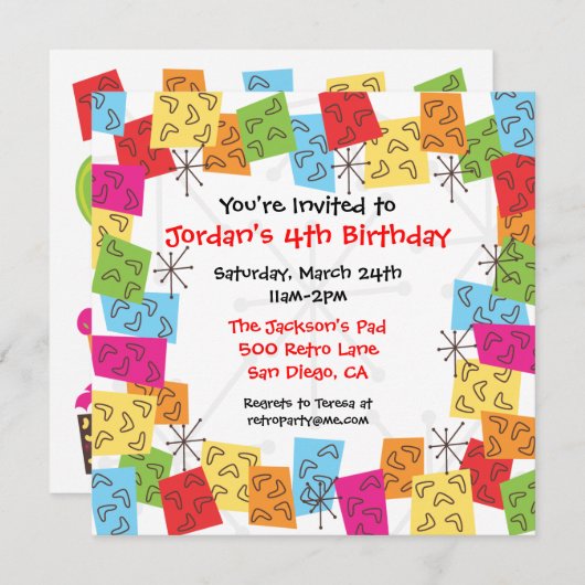 Invitation à la fête d'anniversaire rétro du milie (Devant / Derrière)