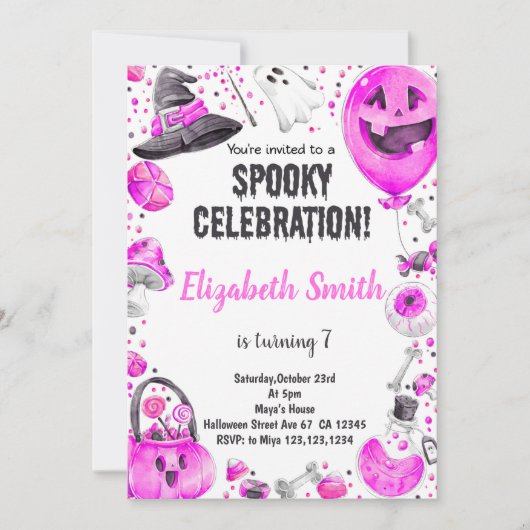 Invitation à la fête d'anniversaire rose d'Hallowe (Devant)